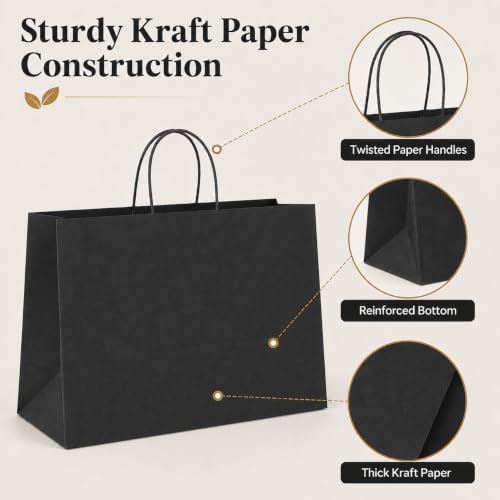 GSSUSA Black Paper Bags with Handles, Large Shopping Bags 16x6x12, 100 Pack - Image 4