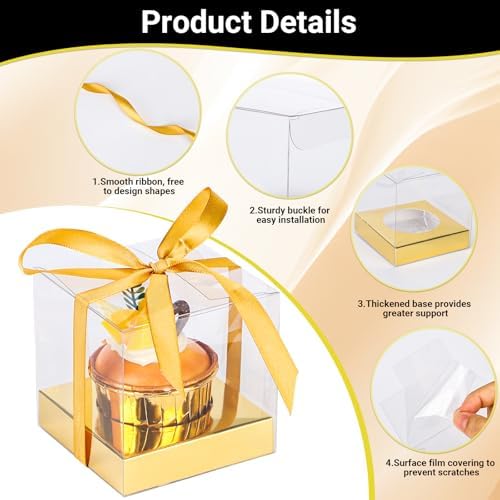 EUSOAR Disposable Clear Cupcake Containers, 50pcs 3.5 Inch Plastic Individual Cupcake Carrier with Ribbon and Inserts, Single Transparent Cupcake Holder with Lids Storage for Cake Dessert-Gold - Image 3