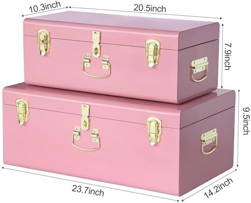 Vixdonos Decorative Large Metal Box Storage Trunk Chest Set of 2 College Dorm Organizer with Hardware Hasps and Handle for Home Deocr,23.7X14.2X9.5 Inches,Deep Pink - Image 2