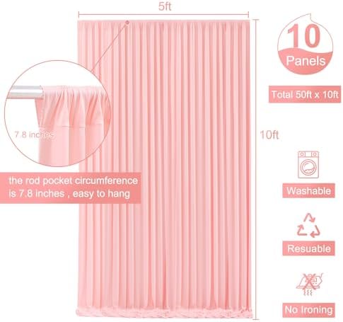 10 Panels Blush Pink Backdrop Curtain for Parties Wedding Wrinkle Free Pink Photo Curtains Backdrop Drapes Fabric Decoration for Baby Shower Birthday Party 50ft(W) x 10ft(H) - Image 5
