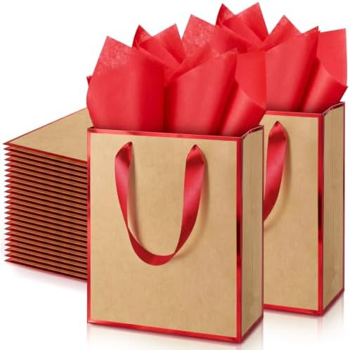 Yeaqee 50 Pack Metallic Paper Gift Bag Bulk with Handle, Kraft, Red by Yeaqee