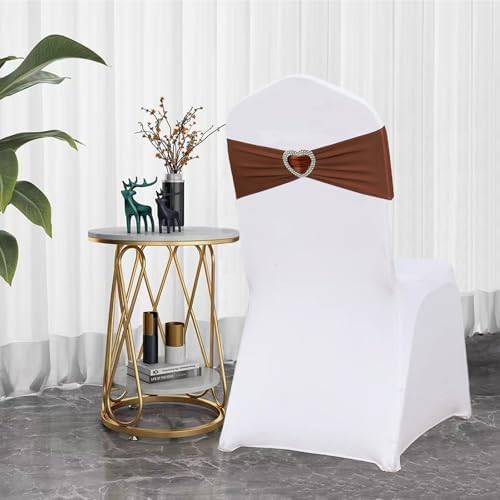 Brown Chair Sashes 50 Pack Spandex Brown Sashes for Chairs Covers Universal Stretch Chair Sashes Band with Heart Buckle Slider for Wedding Banquet Party Decorations - Image 4