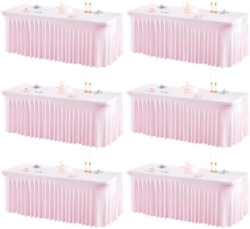 6 Packs Pink Table Clothes for 6 Foot Rectangle Tables, One-Piece Wrinkle Resistant Stretch Spandex Table Covers with Skirt for Event Banquet Wedding Birthday Party by PartyTalk