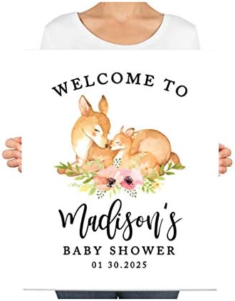 Andaz Press Custom Large Baby Shower Canvas Welcome Sign, 16 x 20 Inches, Woodland Deers, Guestbook Alternative, Personalized Sign Our Canvas, for Woodland Forest Animal Baby Shower, Baby Sprinkle - Image 3