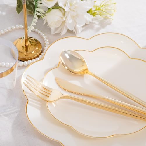 ejonirinjonir 180pcs Elegant Gold Rim Ivory Plastic Plates for Wedding Gala - Image 2