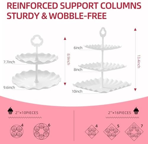 13PCS Cupcake Stand Set, 2-Tier Round & 3-Tier Square Trays, 4 Small Square + 4 Rectangle Platters, Tiered Dessert Display for Candy Cookies Cake Pops, Wedding Baby Shower Birthday Party Decorations - Image 3