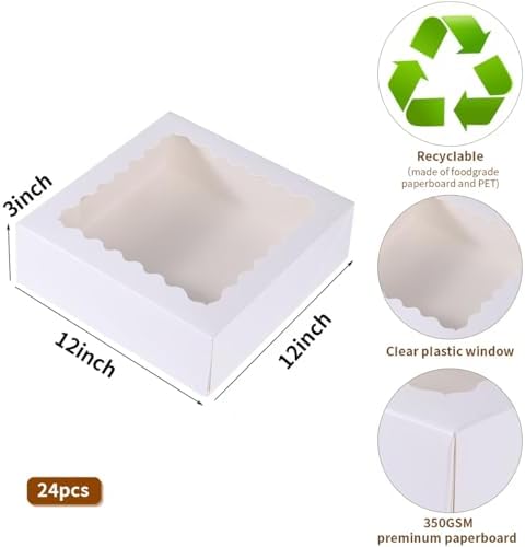 24 pcs White Pie Boxes,12x12x3 Inch Auto-Popup Bakery Boxes with Window Donuts Chocolate Muffins Donuts Pastry Dessert Cookie Box For Packaging - Image 2