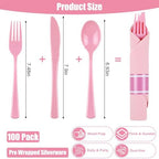 100 Pack Pre Rolled Pink Plastic Cutlery Set with Paper Napkins - Image 3