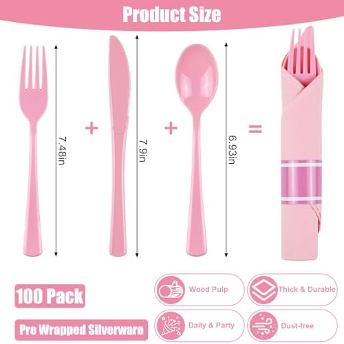 100 Pack Pre Rolled Pink Plastic Cutlery Set with Paper Napkins - Image 3