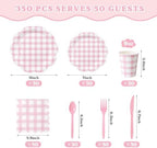 350 PCS Pink Gingham Disposable Dinnerware Set, Decagonal Paper Plates 7 & 9 Inch, Napkins, Cups & Cutlery, Checkered Party Supplies for Baby Shower Birthday Bridal Shower Picnic - Image 3