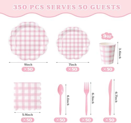 350 PCS Pink Gingham Disposable Dinnerware Set, Decagonal Paper Plates 7 & 9 Inch, Napkins, Cups & Cutlery, Checkered Party Supplies for Baby Shower Birthday Bridal Shower Picnic - Image 3