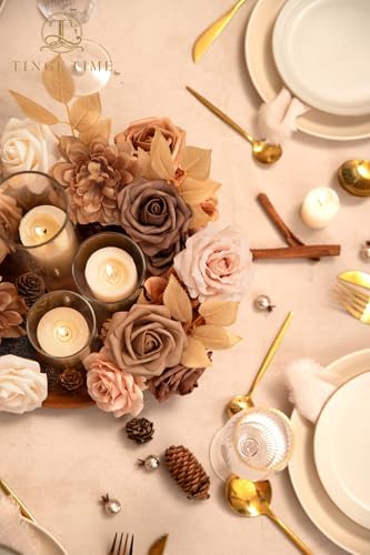 TINGE TIME 23pcs Artificial Flower Combo, Rose Dahlia Brown Nude - Image 4