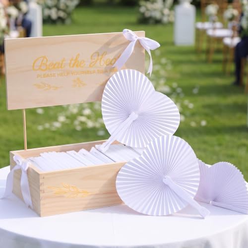 Aodaer Heart Shaped White Paper Wedding Fans with Wooden Storage Box 150 Folding Handheld Fans Satin Ribbon for Wedding Party Favors Bridal Shower DIY Crafts Event Decorations by Aodaer