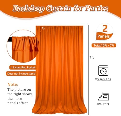 10 x 7 Feet Orange Backdrop Curtain for Partie, Background Curtains for Photoshoot, Birthday, Wedding, Halloween, Thanksgiving, Christmas Day, New Year Party Decorations 5Ft x 7Ft, 2 Panels - Image 2