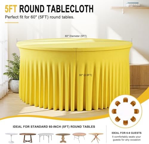 4 Pack 120 Inch Yellow Cloth Tablecloth for 5 FT Round Tables, Stretchy Fitted Circle Picnic Tables Cloths, Spandex Table Cover with Table Skirt for Wedding Photography Party Events Graduation - Image 2