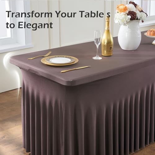 NSSONBEN 2 pk Brown Spandex Tablecloth for 6 Foot Rectangle Tables,Wrinkle Free Fitted Spandex Table Covers 6ft Coffe Stretch Table Cloths with Ruffle Skirt for Parties Weddings Banquet Baby Shower - Image 4