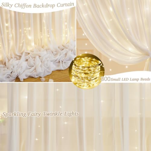 10ft x 10ft Cream White Chiffon Backdrop Curtain with Lights String for Parties,2 Panels Sheer Tulle Curtain Wedding Backdrop for Baby Shower Birthday Party Ceremony Reception Home Decorations - Image 2