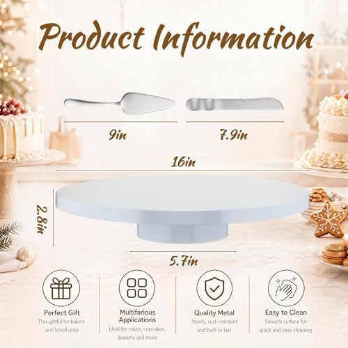 Wenqik 16 Inch Metal Cake Stand with Cake Knife and Spatula, Round Dessert Table Display Stand Metal Dessert Tray Serving Platter for Party, Wedding, Birthday, Baby Shower, Anniversary(White) - Image 2