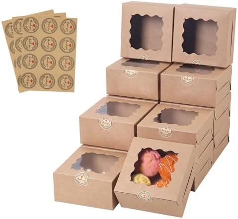 100 pcs 6x6x3 Inches Small Cake Box with Window, Bakery Pastry Cookie Boxes, Mini Pie container for Pastry,Dessert,Strawberries,Chocolates, Cupcakes with paper stickers (Brown) by PFAMKEER