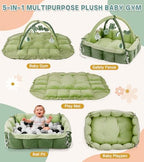 5-in-1 Baby Play Gym and Tummy Time Mat, 12 Learning Cards, Plush Activity Mat with 6 Toys, Convertible to Ball Pit, Baby Gift, Green - Image 2