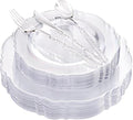 Liacere 150PCS Clear Silver Plastic Plates & Disposable Silver Plastic Silverware with Glitter Bamboo Handle Cutlery-Baroque Clear Disposable Plates for Wedding & Party & Summer by Liacere