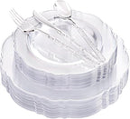 Liacere 150PCS Clear Silver Plastic Plates & Disposable Silver Plastic Silverware with Glitter Bamboo Handle Cutlery-Baroque Clear Disposable Plates for Wedding & Party & Summer by Liacere