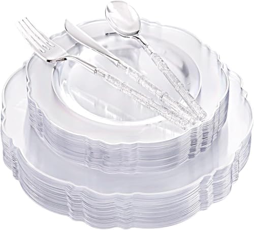Liacere 150PCS Clear Silver Plastic Plates & Disposable Silver Plastic Silverware with Glitter Bamboo Handle Cutlery-Baroque Clear Disposable Plates for Wedding & Party & Summer by Liacere