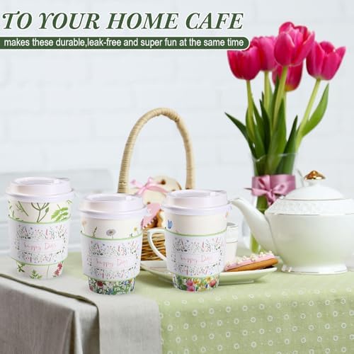 Remerry 100 Pcs 12oz Floral Disposable Coffee Cups with Lids and Sleeves Paper Insulated Drink Hot Coffee Paper Cups with Dome Lids and Sleeves for Party Wedding Birthday Baby Shower (Stylish) - Image 6