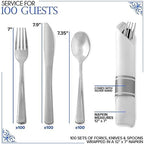 400 Pieces Pre Rolled Silver Plastic Cutlery Set, Individually Wrapped Plastic Silverware Set with 100 Forks, 100 Knives, 100 Spoons, 100 Napkins, Utensils for Weddings, Service for 100 Guests - Image 2