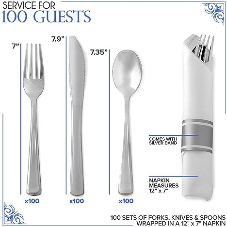 400 Pieces Pre Rolled Silver Plastic Cutlery Set, Individually Wrapped Plastic Silverware Set with 100 Forks, 100 Knives, 100 Spoons, 100 Napkins, Utensils for Weddings, Service for 100 Guests - Image 2