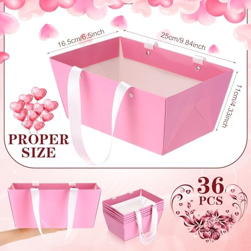 Glenmal 36 Pcs Pink Gift Basket Empty Bulk with Handles 9.8 x 6.5 x 4.3 Inch Kraft Basket Kraft Cardboard Wrap Bags Tray for Weeding Party Birthday Christmas Valentines Breast Cancer Party Supplies - Image 2