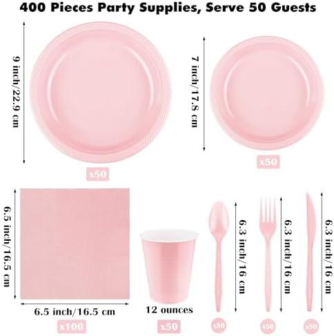 Aodaer 400 Pieces Pink Party Supplies Disposable Dinnerware Set Include Plastic Plates Cups Knives Forks Spoons Paper Napkins for Birthday Wedding Graduation Parties, Serve 50 Guests - Image 2