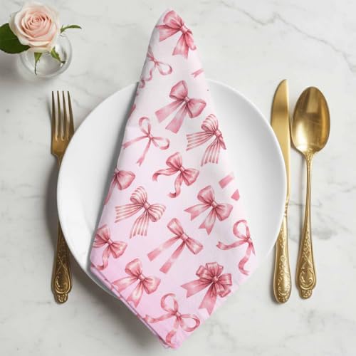 Pink Ribbon Bow Cloth Napkins Set of 8, Fantasy Sweet Bows Modern Abstract Washable Reusable Dinner Cocktail Napkin for Kitchen Party Wedding Banquet Holiday Baby Shower Table Decor - Image 2