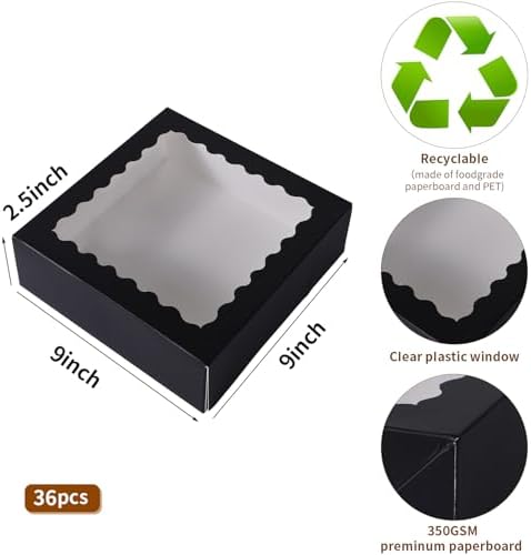 36 pcs 9x9x2.5 Inches Bakery Boxes with Window, Cake Pastry Cookie Mini Pie Box for Pastry,Dessert,Strawberries,Chocolates box (Black) - Image 2