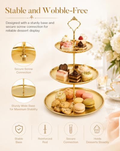 3 Tier Gold Cupcake Stand 3 Pack, Stainless Steel Tiered Dessert Stand 3 Layer Cupcake Display Tower with 2 Tier Cake Stand for Wedding Birthday Party Baby Shower - Image 6