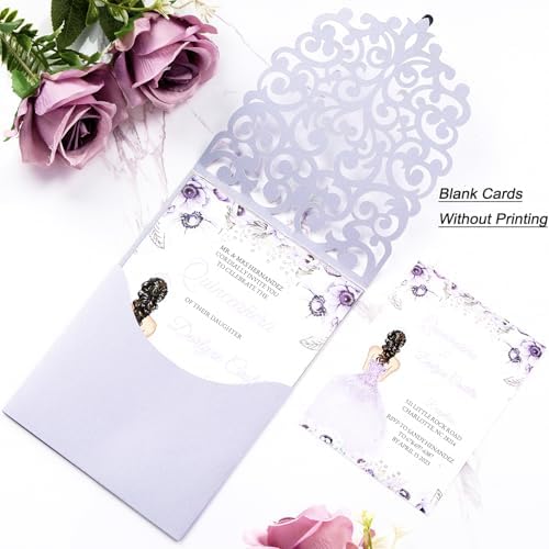 50PCS Blank Wedding Invitations with Envelopes and RSVP Cards Light Purple - Image 2