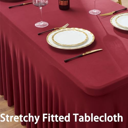 6 Pack Burgundy Spandex Tablecloth for 8 Foot Rectangle Tables, Wrinkle Free Fitted Table Cloth Cover 8FT Maroon Stretchy Tablecloths with Skirt for Parties Weddings Birthday Banquet Baby Shower - Image 2