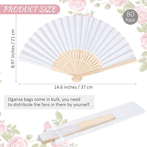 MCEAST 80 Pieces White Folding Paper Fans Wedding Fans Handheld Paper Fan White Bamboo Hand Fan Foldable Cool Favors with 80 Organza Bag for DIY Decor Wedding Party Favors Summer Guest - Image 2