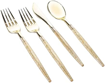 Luxe Party 128 Pieces Two Tone Plastic Disposable Cutlery | Forks-Spoons-Knives | Full Size | Chic Round | Glitter and Gold - Image 2