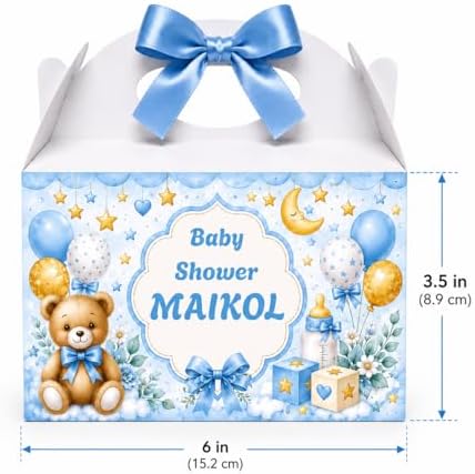 Personalized Baby Shower Keepsake Boxes. A set of 12 boxes personalized with the baby's name to add a special touch to your celebration. (Boy teddy bear) - Image 2
