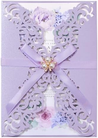 50pcs Purple Wedding Invitations with Envelopes and Rsvp Cards Luxury Pearl by Maffily