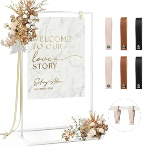 Wedding Welcome Sign Stand, 50" Standard Height - White Metal Sign Holder with 6 Leather Straps, Easel Stand for Seating Charts & Event Décor by WEDORA