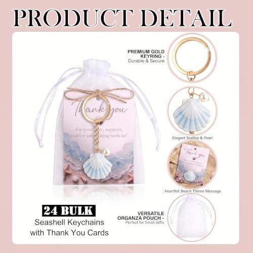 Bulk 12/24 Seashell Pearl Keychain & Thank You Cards for Party Favors - Image 5