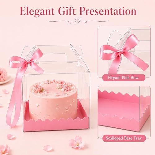 15 Pack Clear Cake Boxes 6 x 6 x 8.3 Inch, Transparent Bakery Gift Boxes with Pink Base and Ribbon, Thick PET Cake Carrier Boxes with Handle for Cupcakes Cookies Mini Cakes Wedding Birthday Party (15) - Image 3