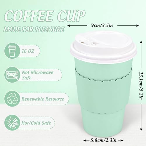 Whaline 100 Pcs Green Disposable Coffee Cups with Lids and Sleeves 16 Oz Light Green Insulated To Go Paper Cups for Home Restaurant Travel Wedding Birthday Baby Shower Party Supplies - Image 2