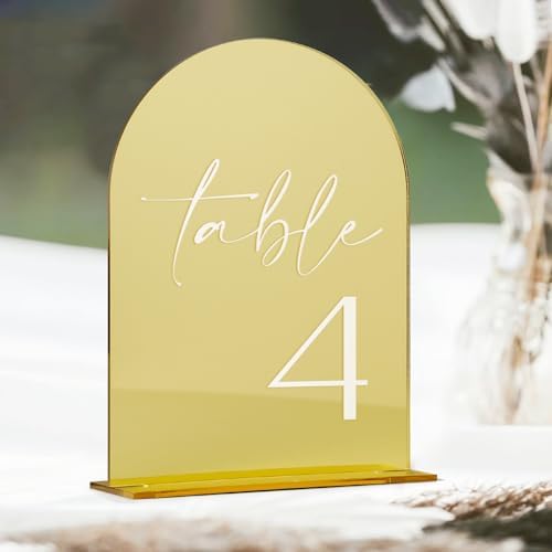 HOODO Gold Mirror Acrylic Wedding Table Numbers 1-25 with Stands, 5"x7" Arched Acrylic Signs and Holders, Gold Mirror Arch Table Numbers for Wedding Reception, Party, Anniversary, Event - Image 4