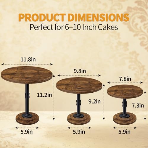 Cake Stand Set of 3, Rustic Industrial Wood Round Cupcake Stands - Image 2