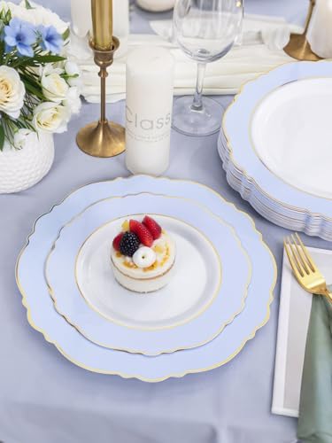 WDF 60pcs Blue Plates Disposable With Gold Rim - Baroque Baby Blue Plastic Party Plates for Wedding/Party/Baby Shower/Spring - Image 5