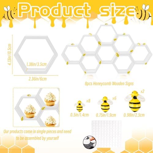 Denylo pro 8 Pcs 4.13 Inch White Cupcake Stand Hexagon Cake Farmhouse Wood Cupcake Stand with Small Bee for Baby Shower Birthday Party Table Decorations - Image 3