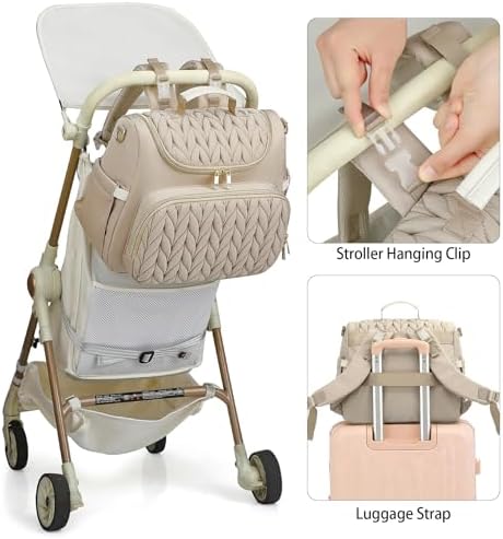 Small Diaper Bag Backpack Quilted Mini Baby Crossbody Diaper Bag Tote for Mom and Baby Girls Boys (Beige) - Image 5